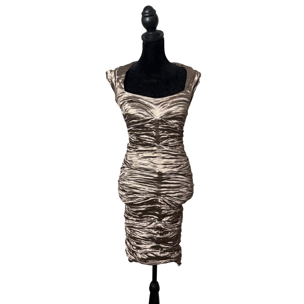 Nicole Miller Ruched Crinkle Metallic Bodycon Dress Size‎ 2 y2k Cocktail Party